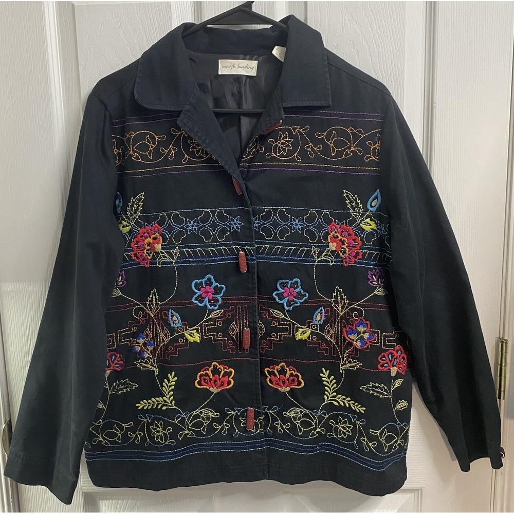 Marsh Landing Women Floral Embroidered Black Jacket Boho Blazer Button Up S-L